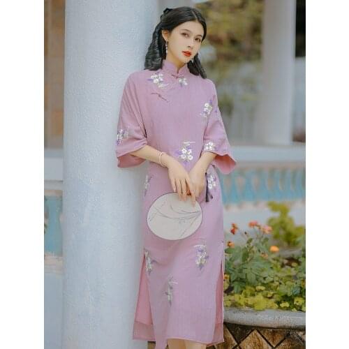 Cheongsam Young Version Daily Purple Gentle Elegant Dress For Women 2021 Flower Embroidery Retro Bodycon Dress