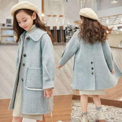 Winter Autumn Kids Thick Woolen Jacket for Teenage Girls Blue Long Warm Coat Toddler Girl Fall Clothes Outwewar fits 5 6 8 10 12