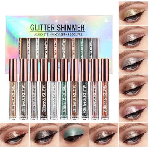 10Pcs Liquid Eyeshadow Shiny Effect Smudge-Proof Cosmetics Colored Glitter Eye Shadow for Makeup