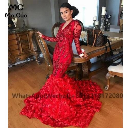 Sparkly Long Sleeve Mermaid Evening Prom Dress With 3D Rose Sequined Evening Party Dresses for Womens