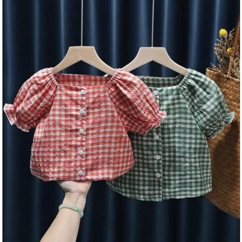 Cute Girls Blouses Kids Infant Short Sleeve Shirt Tops Summer Fashion Plaid Baby Girls Blouse Princess children Cotton Clothes