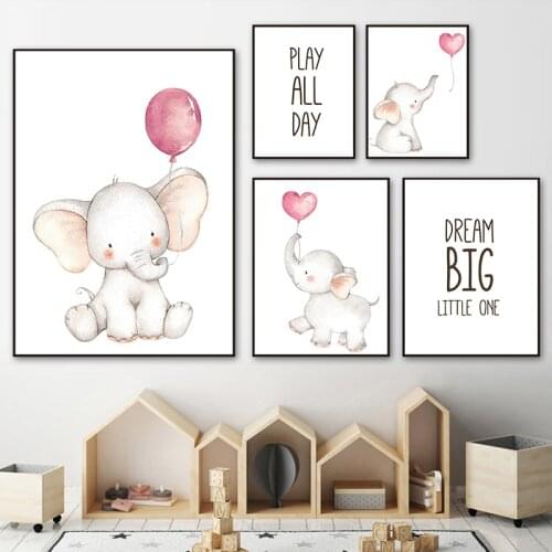 Nursery Elephant Balloon Wall Art Children Poster Print Nordic Kids Quotes Canvas Painting Baby Girl Bedroom Decoration Picture