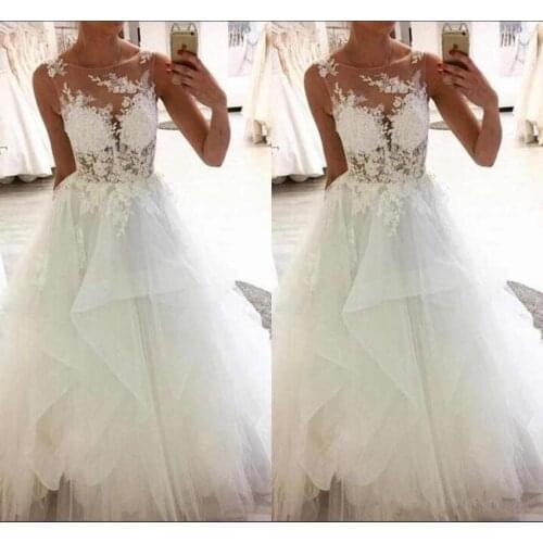 Elegant Lace Wedding Dresses Scoop Beads Sleeveless Appliques A Line tiered Plus Size Wedding Gowns Formal Bridal Gown Arabic