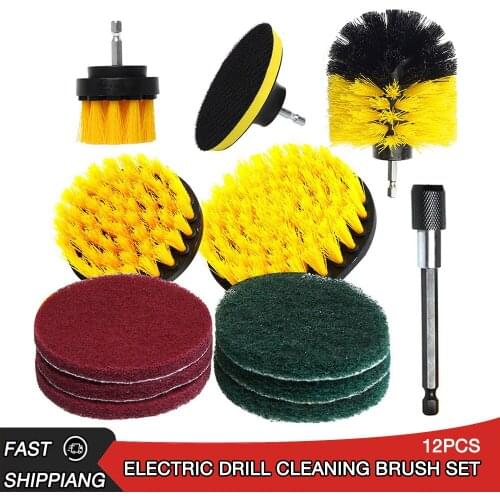 Electric cleaning brush yellow 12-piece electric drill brush head set for floor and wall descaling, cleaning and polishing