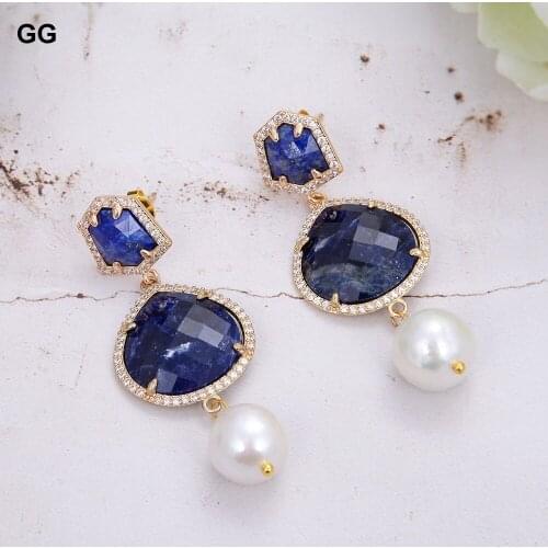 GuaiGuai Natural Gems Blue Peach Sodalites White Keshi Pearl Dangle CZ Paved Lapis Lazuli Stud Earrings Trendy For Women