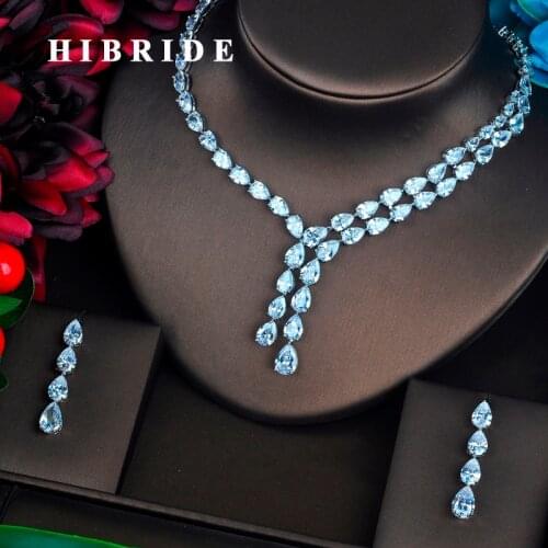 HIBRIDE Brilliant Clear Water Drop Full Cubic Zirconia Jewelry Sets For Women Bride Necklace Set Wedding Accessories GiftsN-424
