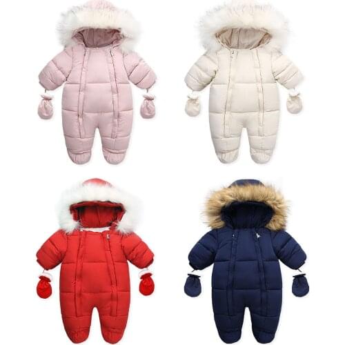 Baby Girls Boys Two-piece Thermal Clothes Set, Solid Color Long Sleeve Hooded Romper and Gloves