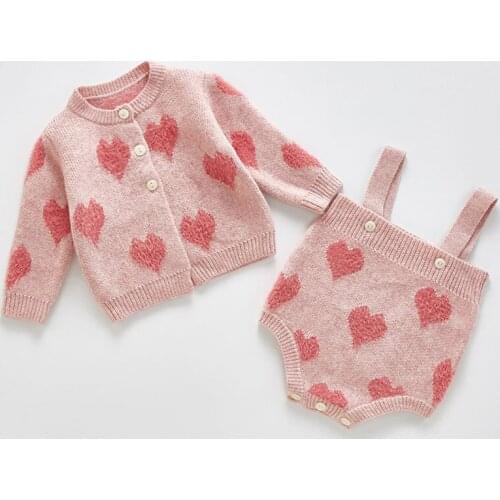Autumn New Baby Sweater Set Baby Girls Bodysuit Knit Love Print Princess Jumpsuit Kids Overalls Girls Knitted Cardigan Warm Coat