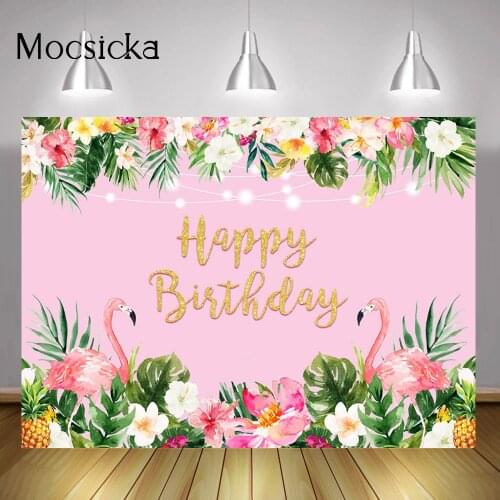 Pink Lets Flamingle Happy Birthday Backdrop Flowers Newborn Flamingo Birthday Party Background Summer Aloha Portrait Photocall
