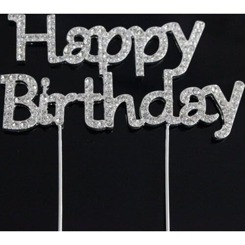 Taart Topper Metal Rhinestone Silver Happy Birthday Decoration Paper Cake Topper Baby Shower Party Favor/supplies 20pcs