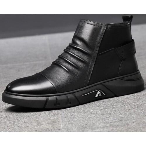 Men High Tou Shoes Round Toe Casual Leather Shoes Mens Fashion Loafers Business Dress Solid Wedding Office Males Flats Man