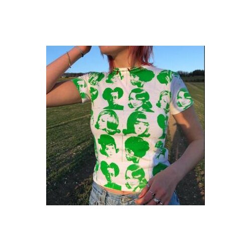 Ladies Fashion Summer Round Neck T-Shirt Girls Creative Head Portrait Printed Short-Sleeved Crop Top Slim Bottoming Shirt