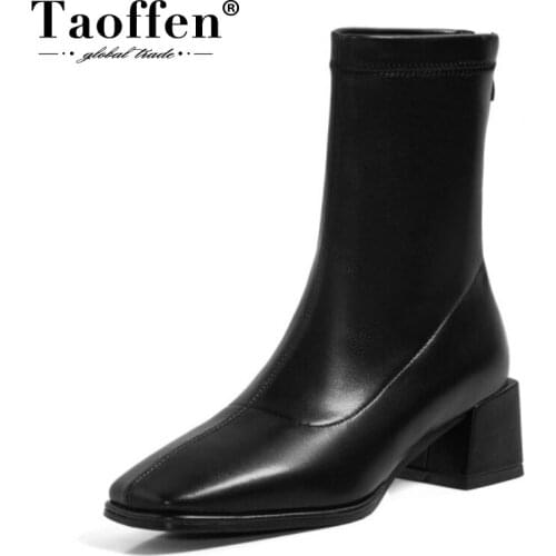 Taoffen Size 32-43 Women Mid Calf Boots Square Toe Thick Heel Zipper Shoes Pu Winter Warm Boots Women Fashion Party Footwear