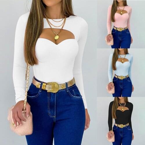 Spring Autumn Women Sexy Solid Cutout Front Long Sleeve Skinny Corset Tight Top Womens Blouse Sexy Fashion Ladies Tops 2021 New