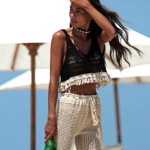 2019 Fashion Women Hollow Out Vest Tank Tops Sleeveless Tassel V Neck Short Shirts Female Tops Beachwear