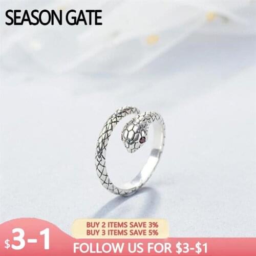 Season Gate 925 Thai Silver Fashion Retro Red Eyes Snake Cobra Adjustable Size Open Ring for Women Girls SR056