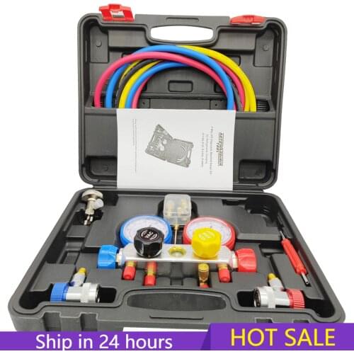 4 Way AC Manifold Gauge Set HVAC Diagnostic Freon Charging Tool for Auto Household R134A R22 R410A 5FT Hose Adjustable Can Tap