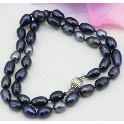 8-9mm rice shape black white natural pearl freshwater cultured beads necklace for women lady high grade gifts chain 18inch B3237