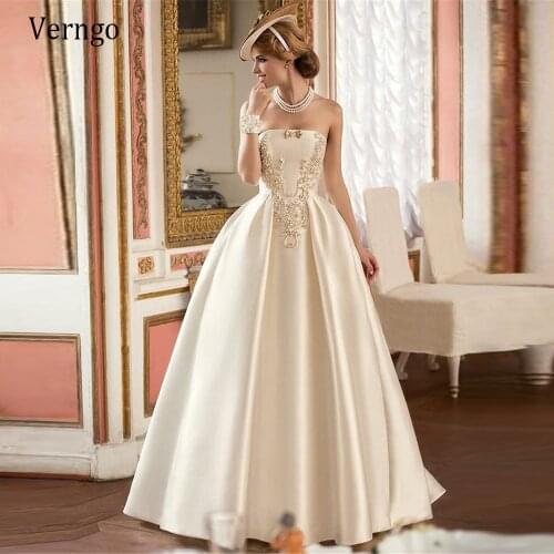 Verngo Vintage Ivory Silk Satin A Line Wedding Dresses 2021 Strapless Delicate Beads Pearls Bride Party Reception Gowns Custom