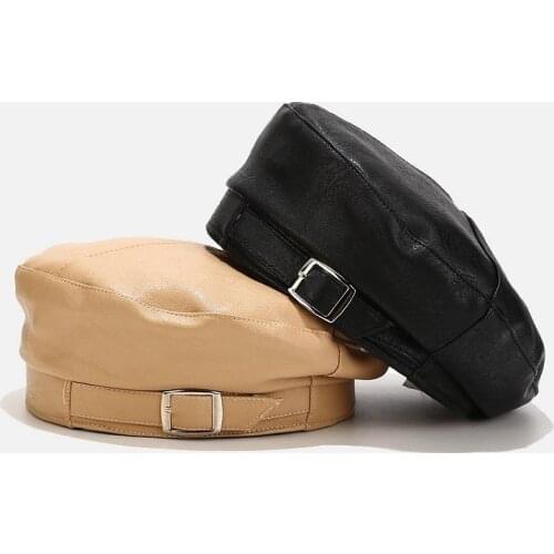 Womens Faux Leather Beret Adult Beanie Hat Ladies Flat Solid Color Cool Metal Button Belt Army Military Adjustable