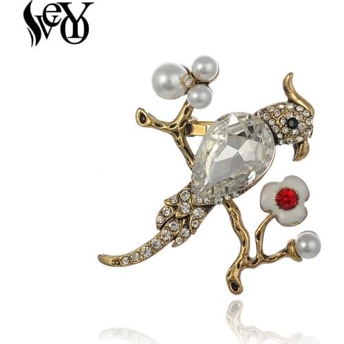 VEYO Vintage New Fashion Imitation Pearl Crystal Bird Brooches Cute Animal Rhinestone Brooches & Pins For Women Gifts