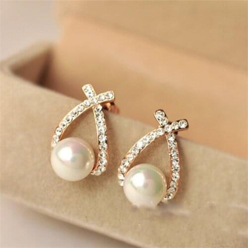 Korea New Fashion Gold Silver Color Cross Crystal Stud Earrings For Women Elegant Cute Pearl Earrings Brincos Jewelry Wholesale