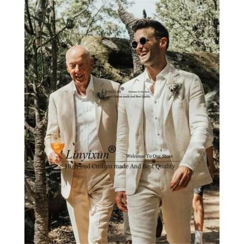 Linen Men Slim Fit Suits 2 Piece Jacket Pant Summer Beach Wedding Party Prom Tuxedo Groom Terno Masculino Blazer Costume Homme