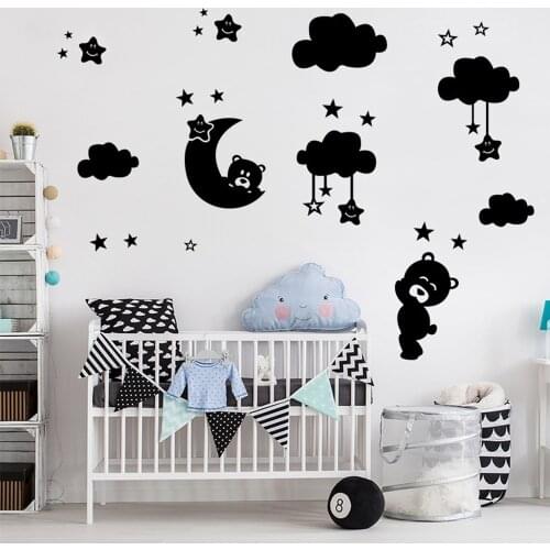 Lovely Moon Bear Clouds Stars Cartoon Wall StickerBedroom Decor Kids Baby Rooms Decoration Nursery Poster Removable Art Mural