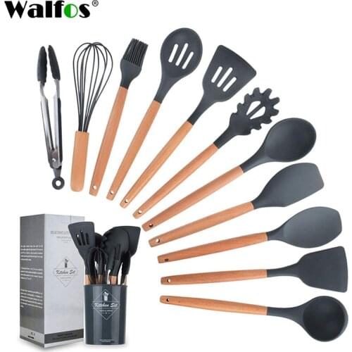 Walfos 12pcs Silicone Cooking Utensils Set Non-Stick Spatula Shovel Wooden Handle Cooking Tool Set With Storage Box Kitchen Tool