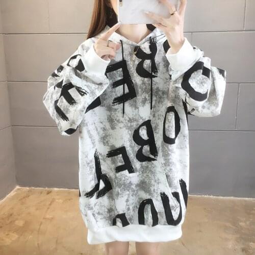 2021 Spring Autumn New Womens Sweatshirt Fashion Letter Print Fleece Hoodies Casual Oversized Mid Length Hooded Ropa Mujer B161