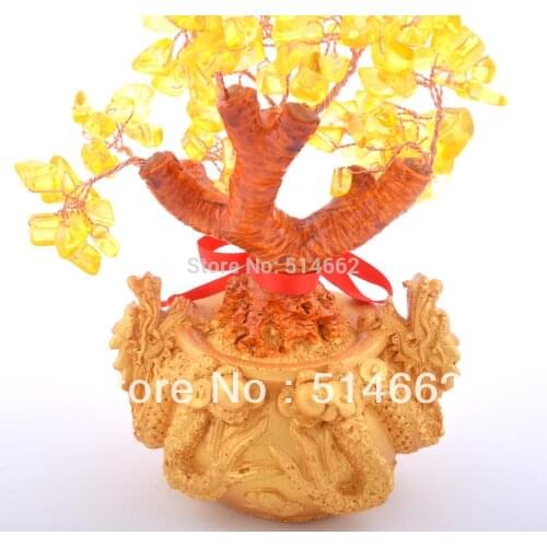 New Feng Shui Citrine/ Yellow Crytal Gem Money Tree with Chinese Dragon Pots