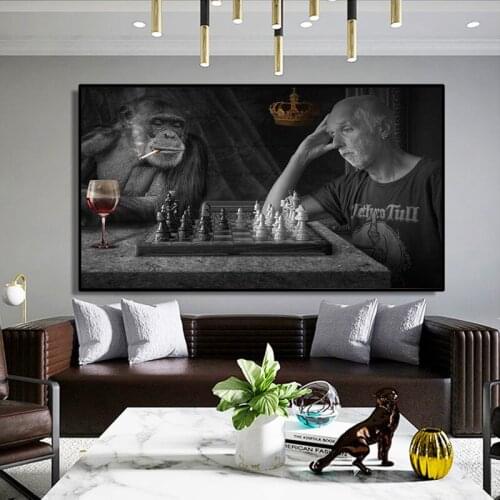 Monkey Playing Chess Creative Art Canvas Paintings Black and White Animals Posters and Prints Wall Picture for Living Room Decor