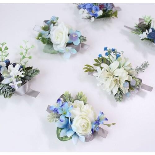 Romantic White Wedding Boutonnieres and Wrist Corsage Silk Rose Hand Flowers Bridesma Wrist Flower Blue Bridal Bouquet Accessory