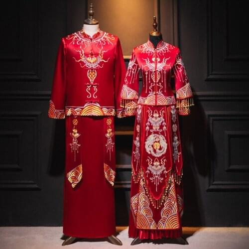 Chinese Style Couple Red Phoenix Embroidery Qipao Wedding Dress Cheongsam Traditional Bride Ancient Marriage Costume Clothing