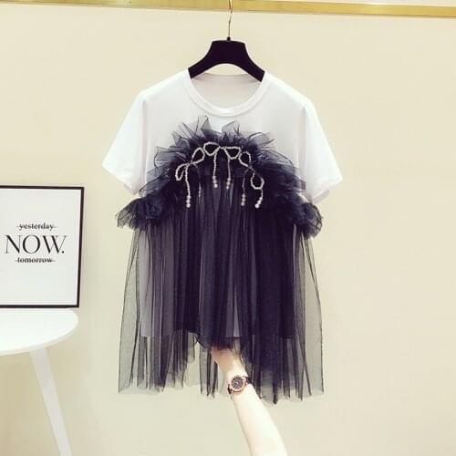 Mesh Patchwork Nail Bead Bow Short Loose O Neck T-shirt Women 2021 Summer New Design Top E648
