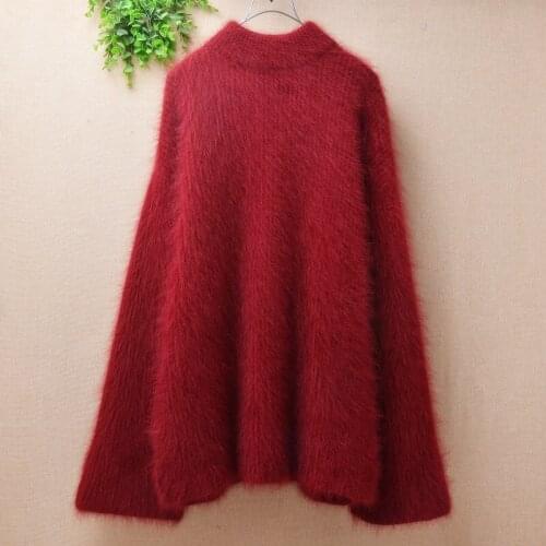 Female women winter thick warm hairy plush mink cashmere knitted long flare sleeve loose turtleneck pullover angora fur sweater