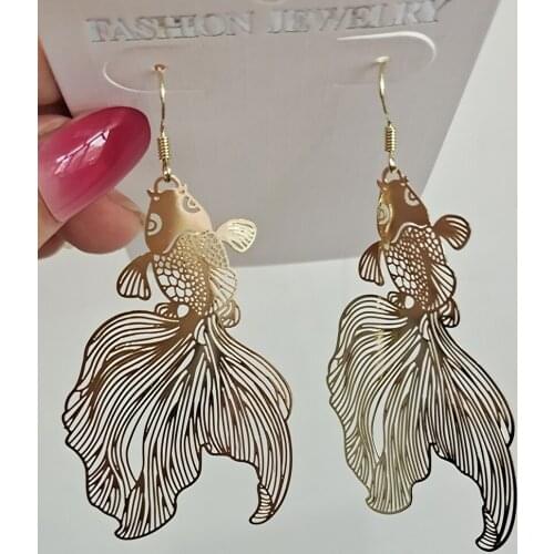 Chinese Style Personality Vintage Goldfish Metal Rhinestones Love Dangle Earrings Fashion Temperament Ladies Jewelry Accessorie