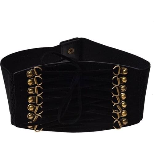 Womens Rivet Elastic Buckle Wide Waist Belt Waistband (Black)