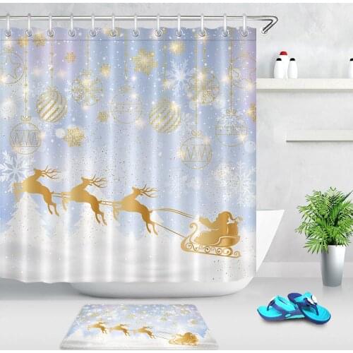 Winter Snow Golden Reindeer Sled Santa Claus Snowflake Ball Shower Curtain Waterproof Mildew Proof Bath Curtain with 12 Hooks