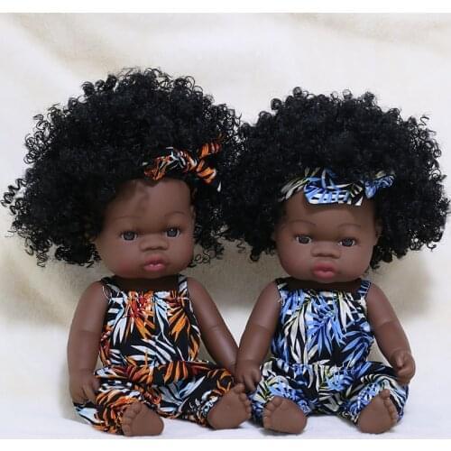 35cm African Reborn Baby Doll Long Curl Hair Baby Doll Summer Dress Full Silicone Black Reborn Bebe Toys Doll Gift for Kids