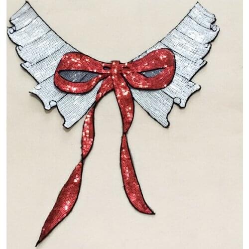 White bowknot sequined lace neckline collar applique patches for clothing fabric patch parches bordados embroidered patches
