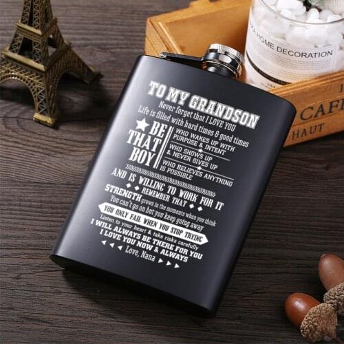 To my Grandson Hot sale portable stainless steel hip flask alcohol bottle travel whiskey alcohol liquor flagon Small Bottle