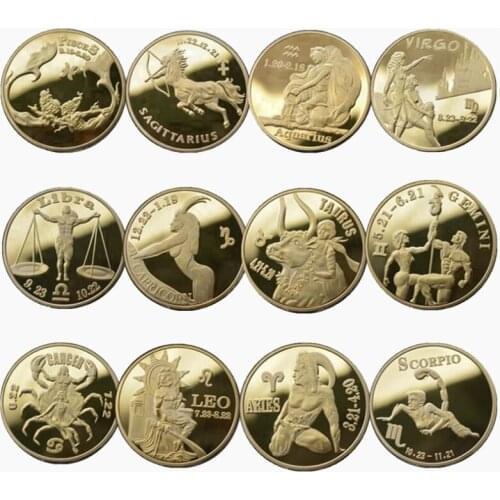 12pcs 12 Constellations Zodiac Gold Plated Collectible Set Holder Challenge Coin Creative Gift Souvenir Collection One Set