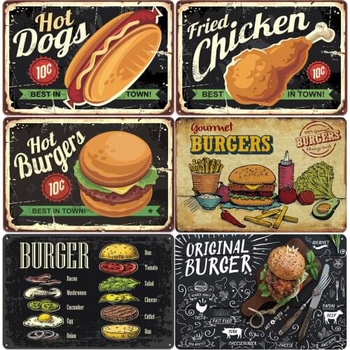 Fast Food Metal Plaque Chicken Hamburger Hot Dogs Tin Sign Metal Vintage Plates Painting For Kitchen Restaurant Decoration