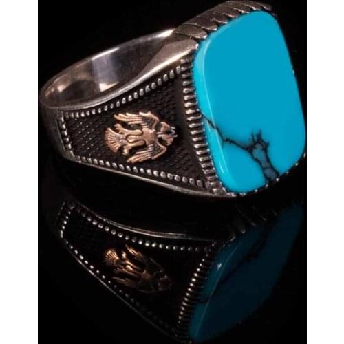Double Eagle Figure Men Silver Ring Turquoise Gemstone Ring Animal Silver Men Accessories Solid 925 Sterling Silver