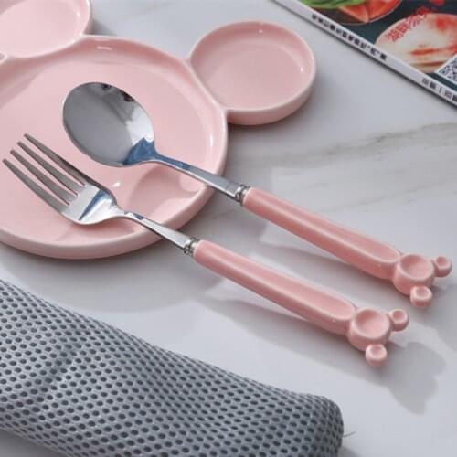 Stainless Steel Dinnerware Set Ceramic Long Handle Fork Blue Children Solid Scoop Pink Cute Cartoon Tableware 2pcs/set