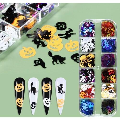 New Halloween Nail Art Glitter Sequins 3D Holographic Skull Spider Pumpkin Bat Ghost Witch Shape Nail Festival Cosmetic Glitter