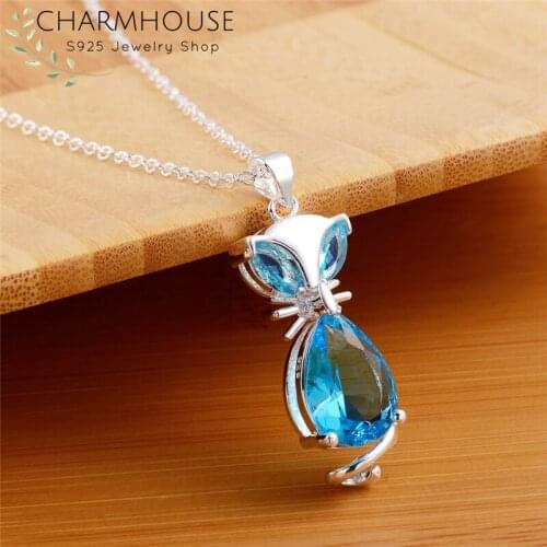 Charmhouse 925 Sterling Silver Necklaces For Women Blue Crystal Cat Pendant & Necklace Collier Fashion Jewerly Accessories Gifts