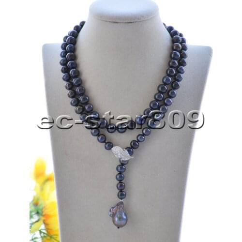 P7542 34" 11mm Black Round FW Pearl Necklace Keshi Pendant Leaf CZ Choker Women jewelry