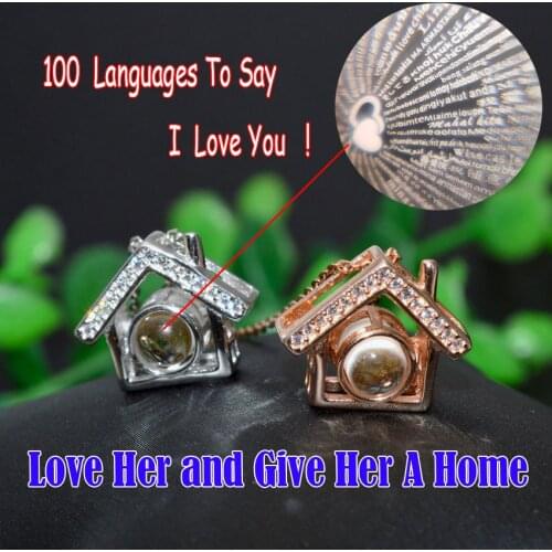 S925 Strling Silver Fine Jewelry Rose Gold Silver House Home Shape Pendant Necklace 100 Languages To Say I love you